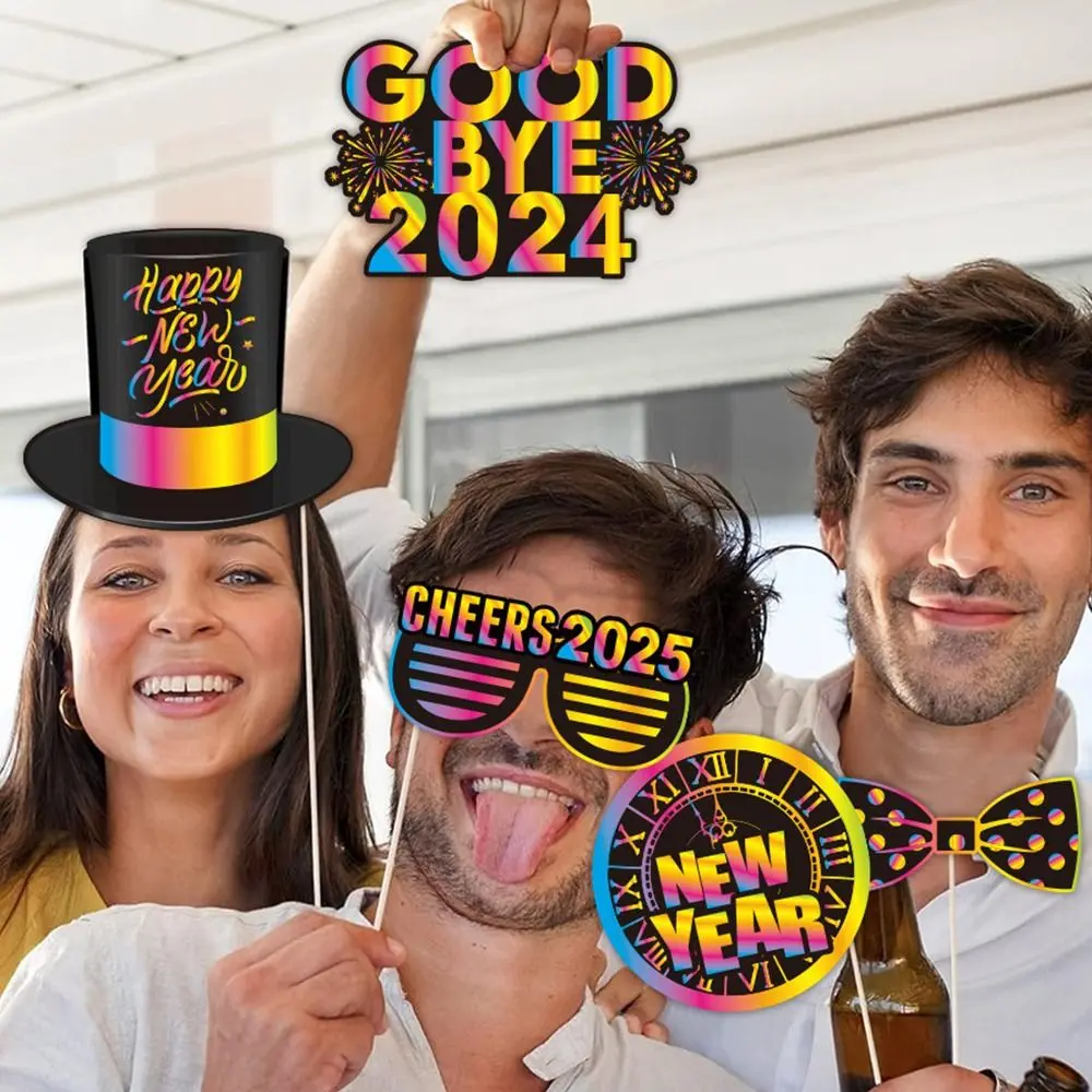 30 pçs colorido 2025 ano novo fotografia adereços dos desenhos animados diy photo booth adereços papel elegante feliz ano novo decoração