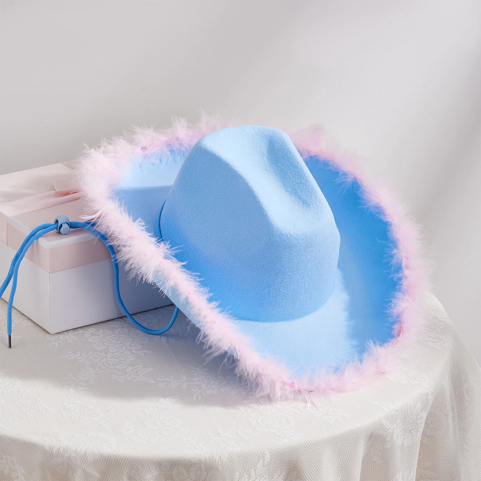 Women\'s Cowboy Hat Summer Fashion Solid Color Furry Trim Wide Brim Hat Female Cap for Dating Party