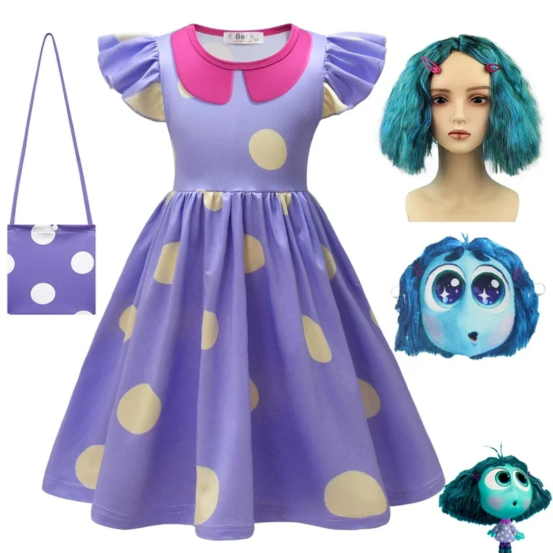 Inside Out 2 Envy Cosplay Costume Princess Dress +Wig+ Bag for Kids Girls Halloween Carnival Birthday Happiness Dress Up Outfits