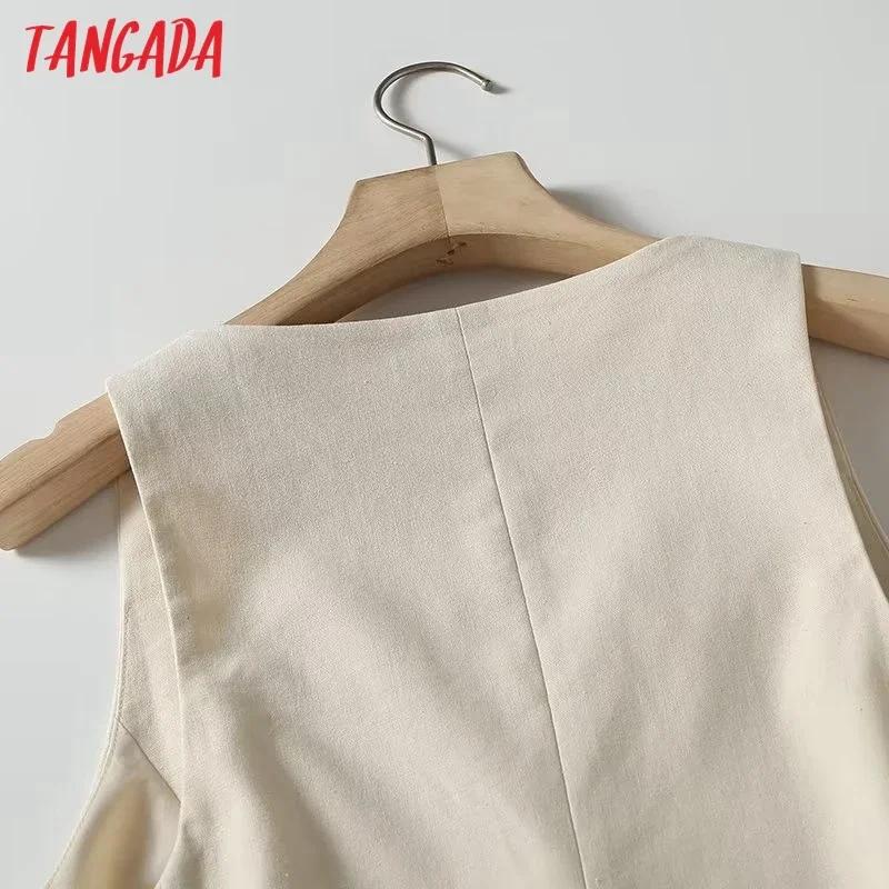 Tangada Women 2024 Beige Cotton Linen Long Waistcoat Buttons Vintage Sleeveless Female Coat 4C127