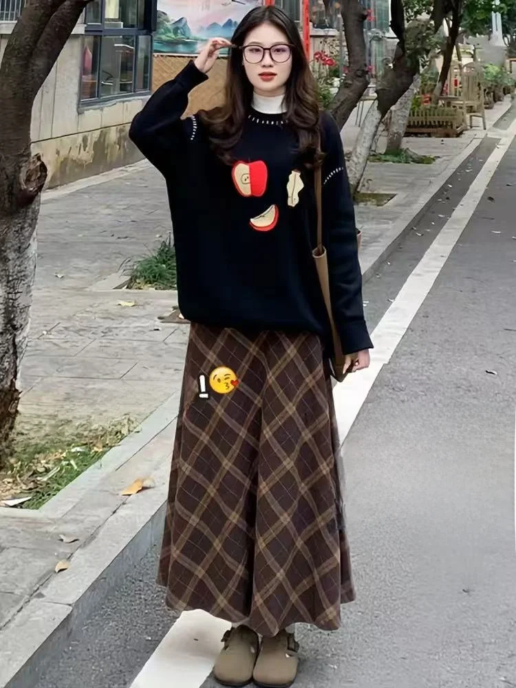 High Waist Plaid Woolen Skirt for plus Size Women Autumn Winter Large 300 Pounds A-Line  Skirt Slimming Effect