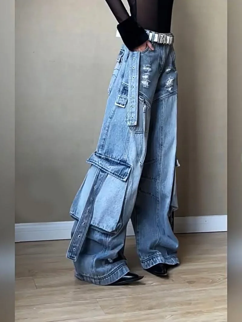 American High Street Hip Hop Style Deconstructed Heavyweight Washed Work Pants Women's New Hot Girl Design Wide Leg Floor-Len...