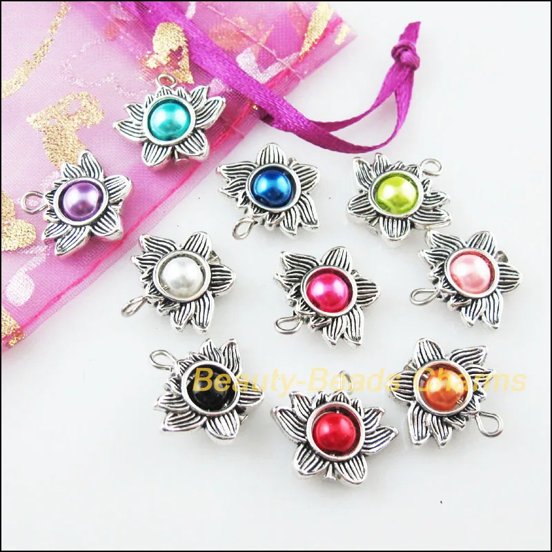 10Pcs Tibetan Silver Plated Lotus Flower Mixed Glass Beads Charms Pendants 17x19mm