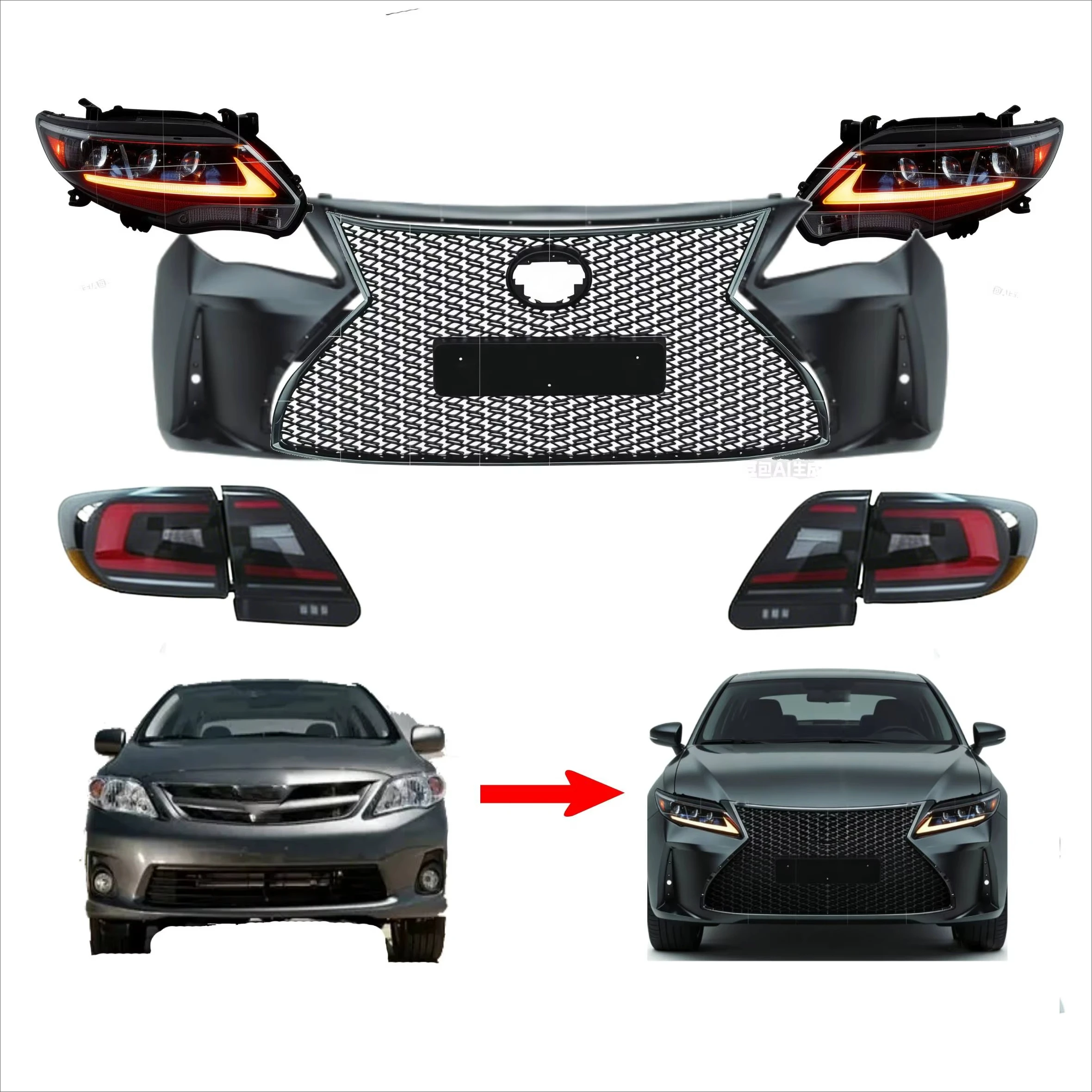 Полный комплект для внешнего тюнинга кузова Toyota Corolla 2011-2013: обновление до стиля с передним бампером, фарами, задними фонарями и решеткой радиатора