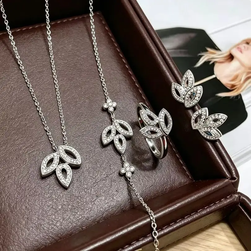 Three Leaves Leaf Jewelry 5A High Gloss Zircon Women's Necklace Bracelet Ring Earrings S925 Silver Plating Gold/Rose Luxury Gift