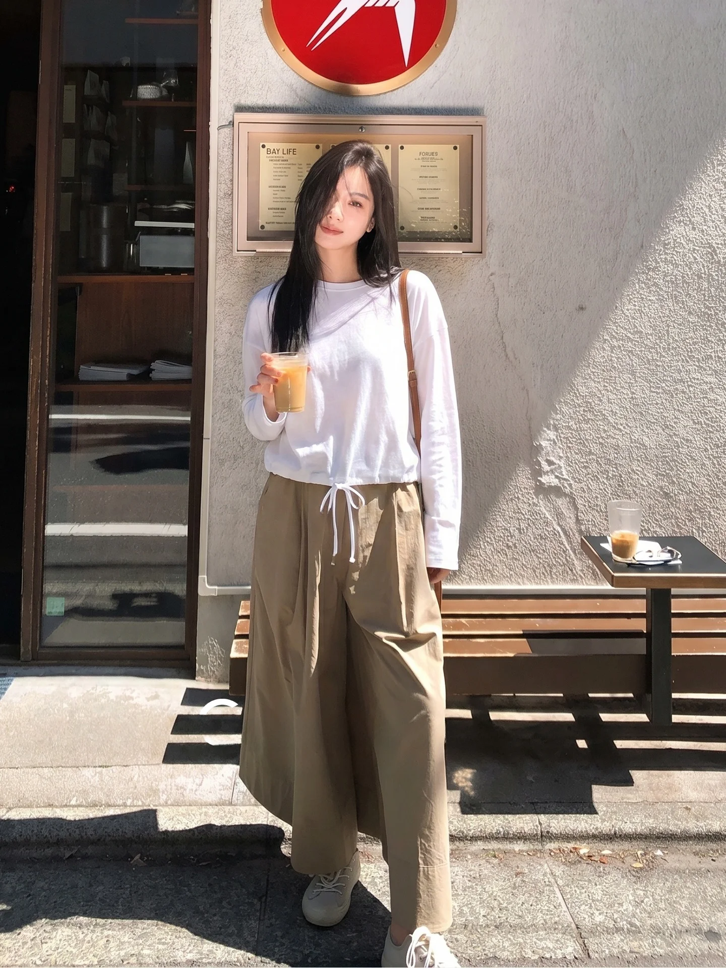 

COCOZONE Long Sleeve round Neck Drawstring Cotton T-Shirt Women's Casual Style Spring 2026 Loose Fit Short Length