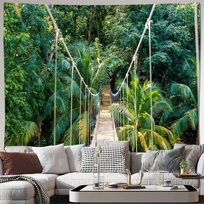Tropical Jungle Pathway Tapestry Curtain Wall Hanging Bohemian Boho Rainforest Canopy Forest Background Art Decorative Home Deco