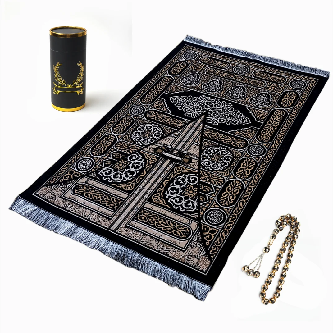 Alfombrilla de oración musulmana portátil lavable de Estilo negro de chenilla, juegos de regalo, 70 × 110CM