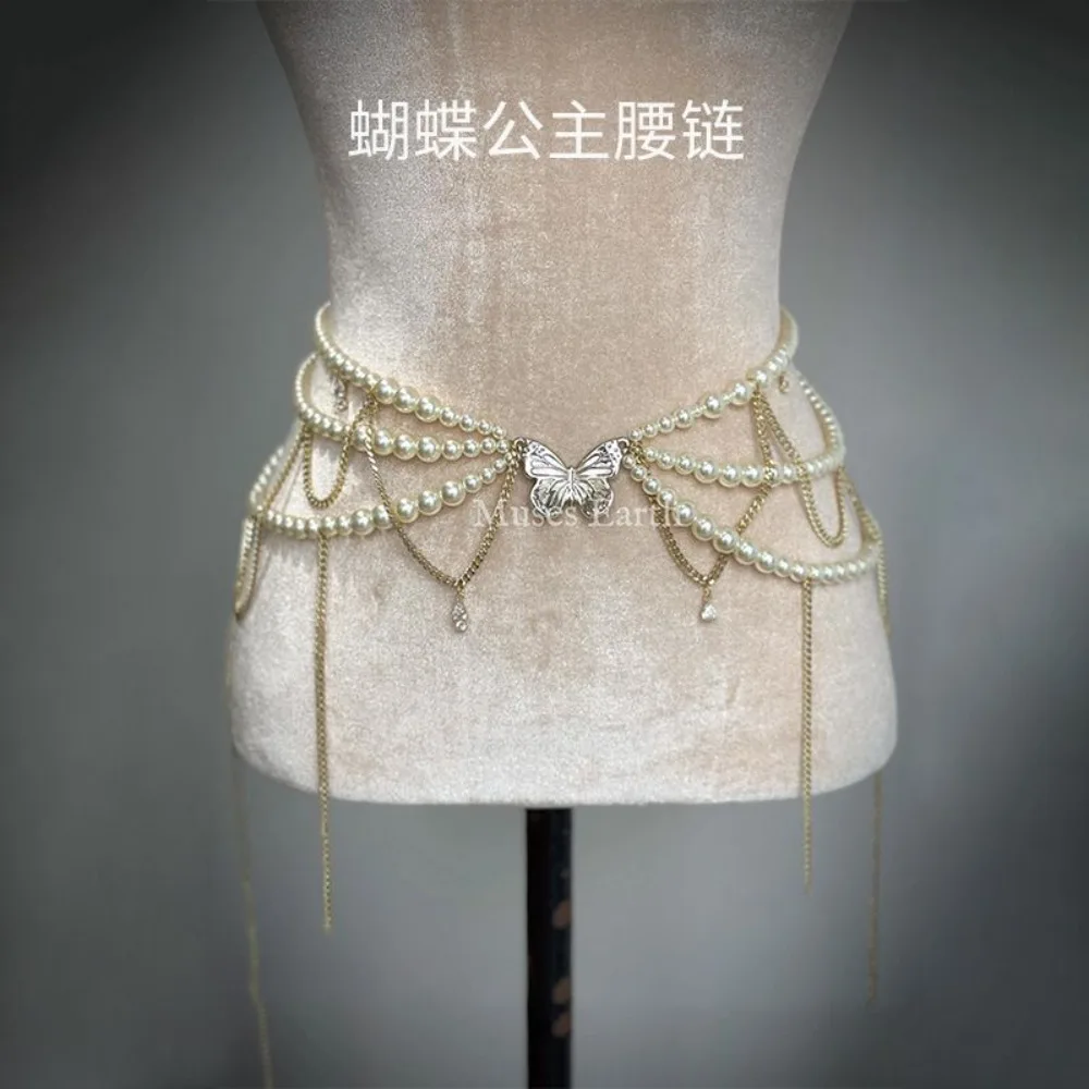 Fashion Butterfly Princess Waist Chain Body Chain Shiny Imitation Pearl Chain Bling Accessories For Women