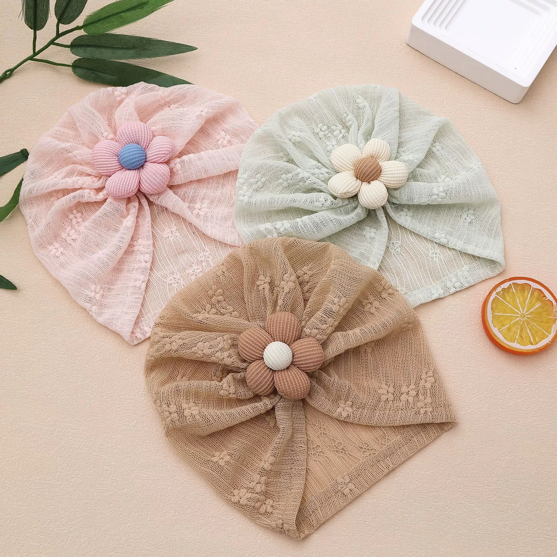 

Baby Indian Hats Cable Knit Flower Turban Newborn Bow Kids Summer Beanies Girls Hair Accessories Photography Props Muslin Caps