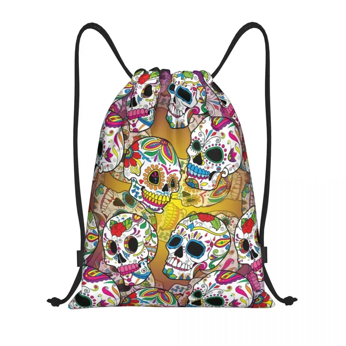 

Custom Mexican Sugar Skulls Day Of The Dead Drawstring Bags Women Men Lightweight Halloween Catholic Sports Gym Storage Backpack