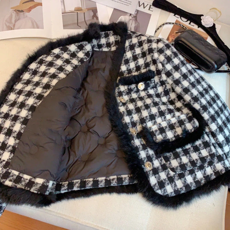 

KBAT Winter French Vintage Small Fragrance Tweed Women's Down Jackets Warm Duck Down Parka Female Elegant Plaid Outwear