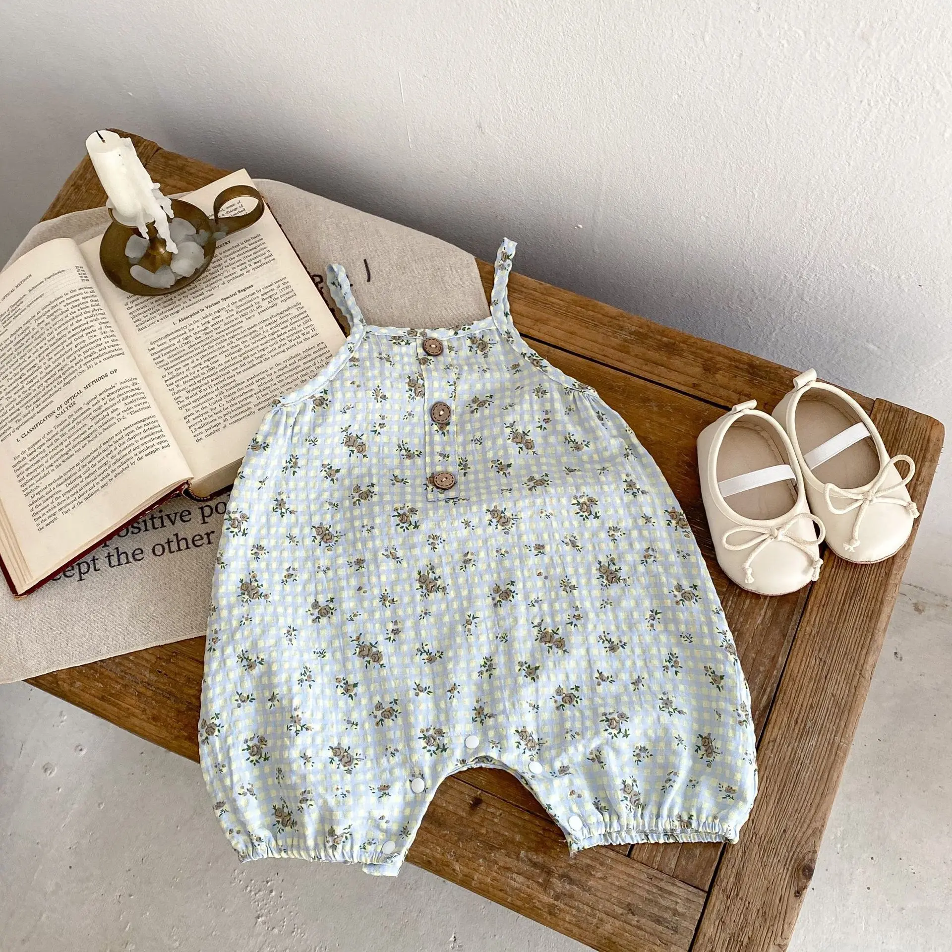 Ins summer new baby girl baby personality pure cotton versatile yarn dyed plaid printing suspender pants floral overalls pants