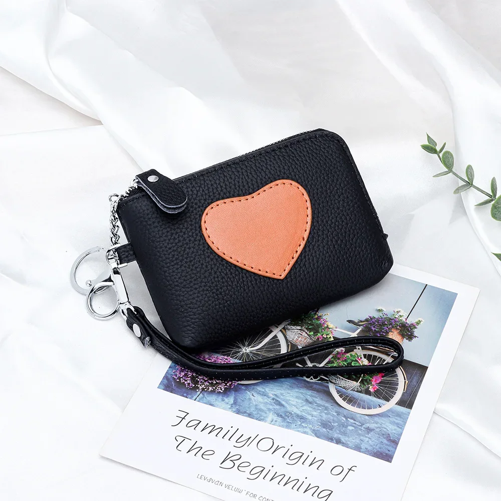 Fashion Heart Women's Wallets Genuine Leather Wrist Strap Zipper Clutch Key Ring Coin Money Bag Girls Cute Coin Purse