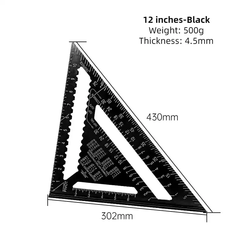 Aluminum Alloy Woodworking Triangle Ruler 45 Measuring Protractor Angle Ruler  90 Degree Thickened Metric Inch Set Square