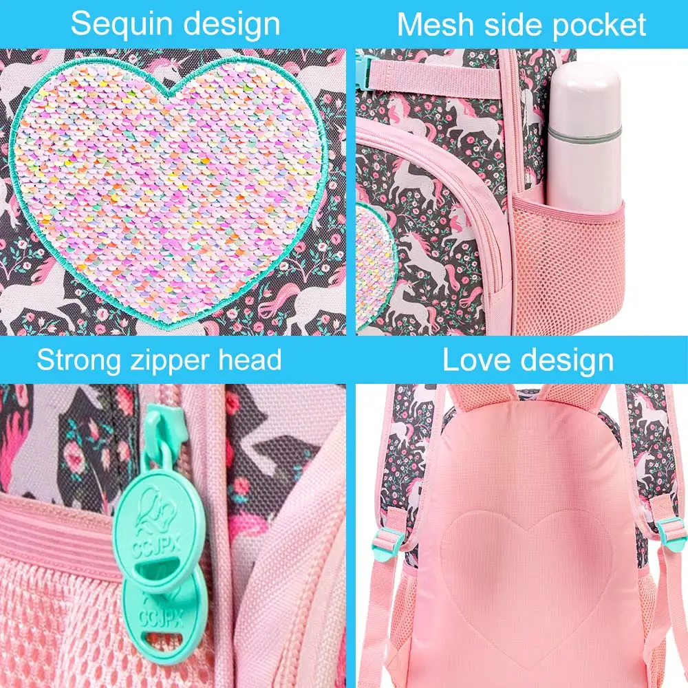 3PCS Unicorn Backpack for Girls, 16” Kids Kindergarten Bookbag with Lunch Box, Cute Girl Sequin Backpacks for Elementary School