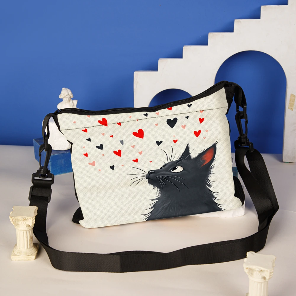 Cat Print Crossbody Bag Cream Color With Red And Black Hearts Pattern Shoulder Bags For Women Girls Casual Daily Use Fashion Acc