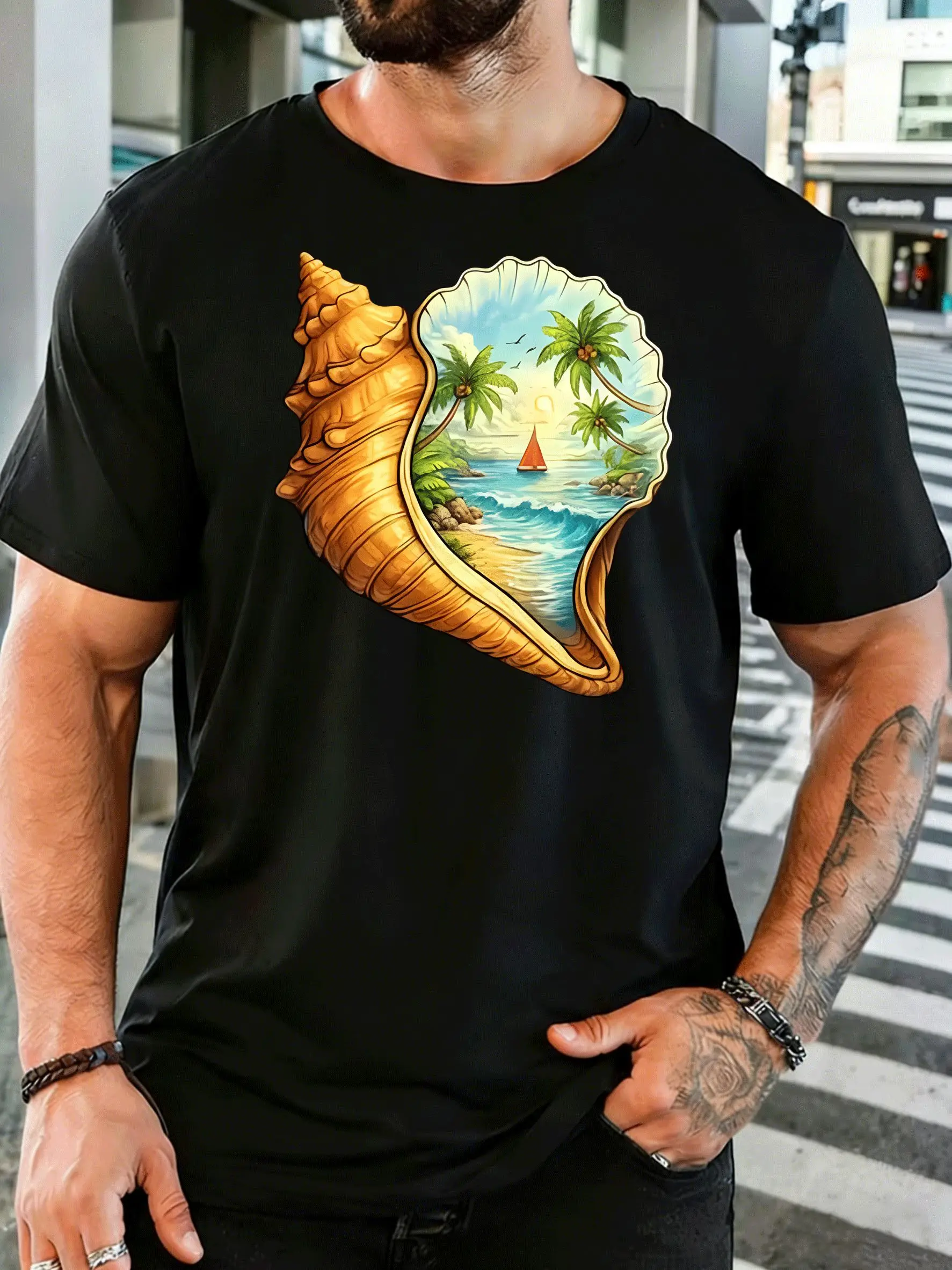 Conch Shell With Tropical Beach Seascape Mens Front Print T Shirt Ocean Coast Graphic Tee Casual Short Sleeve Top Sea Lover Gift