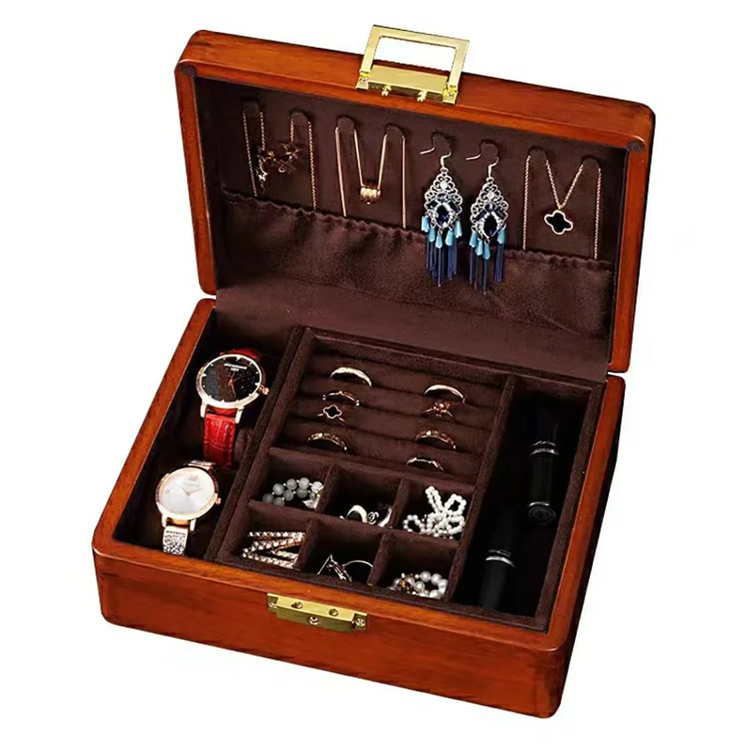 Vintage Solid Wood Jewelry Box with Lock and Key Velvet Organizer for Earrings Rings Necklaces Gift