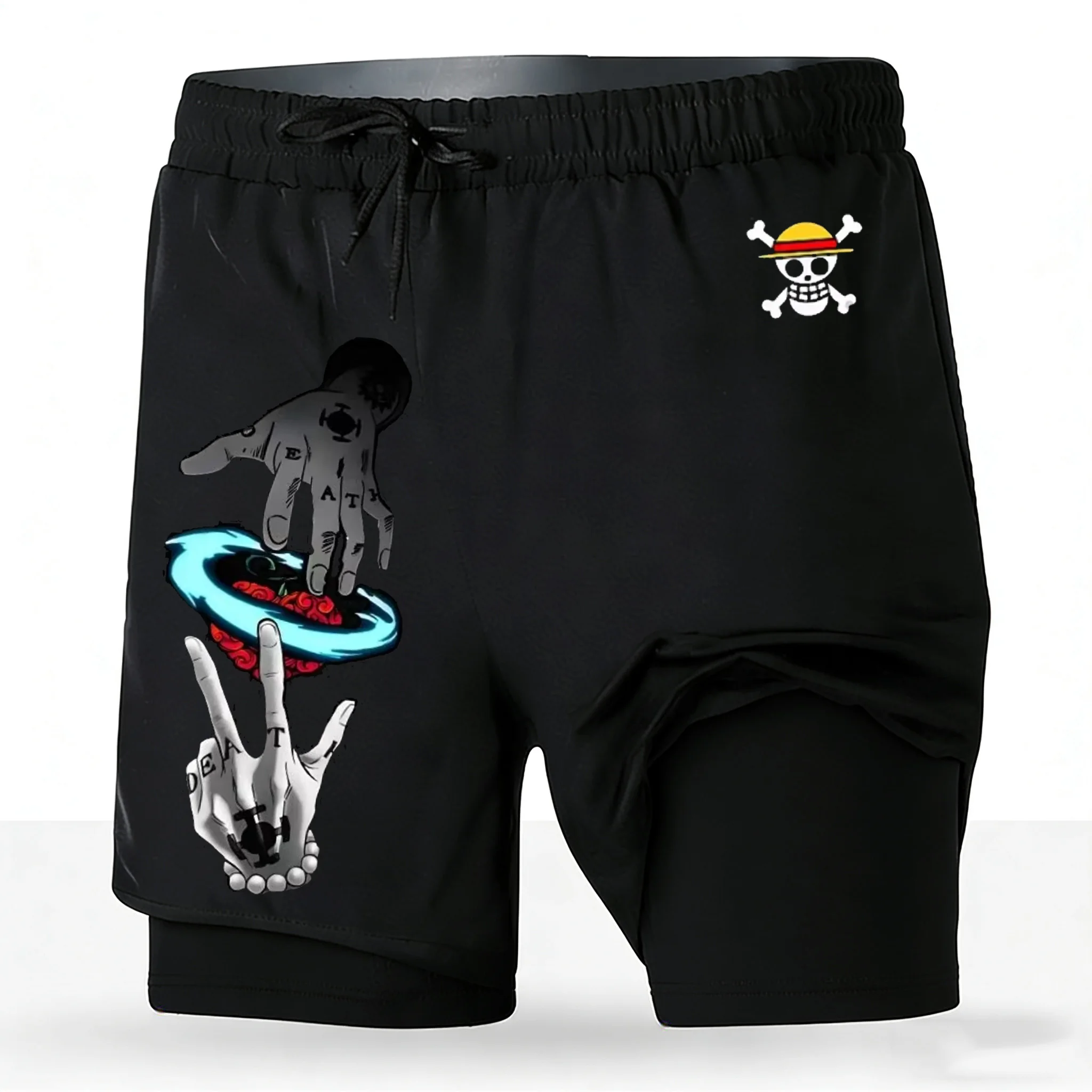 Men's One Piece Anime 2-in-1 Running Shorts Trafalgar Law Devil Fruit Print Quick Dry Gym Training Shorts Inner Layer for Summer