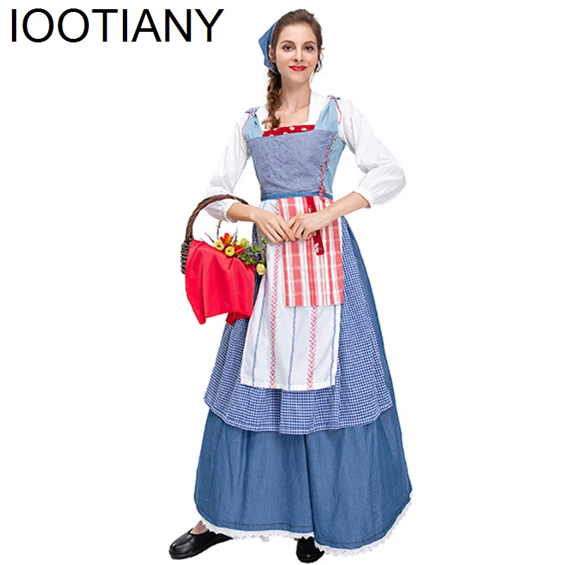 

IOOTIANY Love Movie Cartoon Cosplay Blue Maid Outfit Dress French Blue Plaid Farm Girl Dresses Women Princess Stage Costume 2024