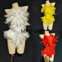 Sexy Suspenders White Feather Dress Colorful Rhinestone Backless Jumpsuit Nightclub Party DJ Stage Performance Costume