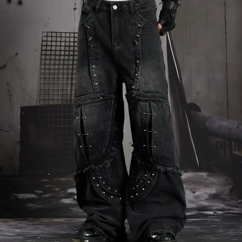 MWJLPWQ Raw Fringe Edge Stud Pin Decor Unisex Wide Leg Jean Gothic Faded Wash Multi Layer Curved Patch Punk Street Trouser 17126