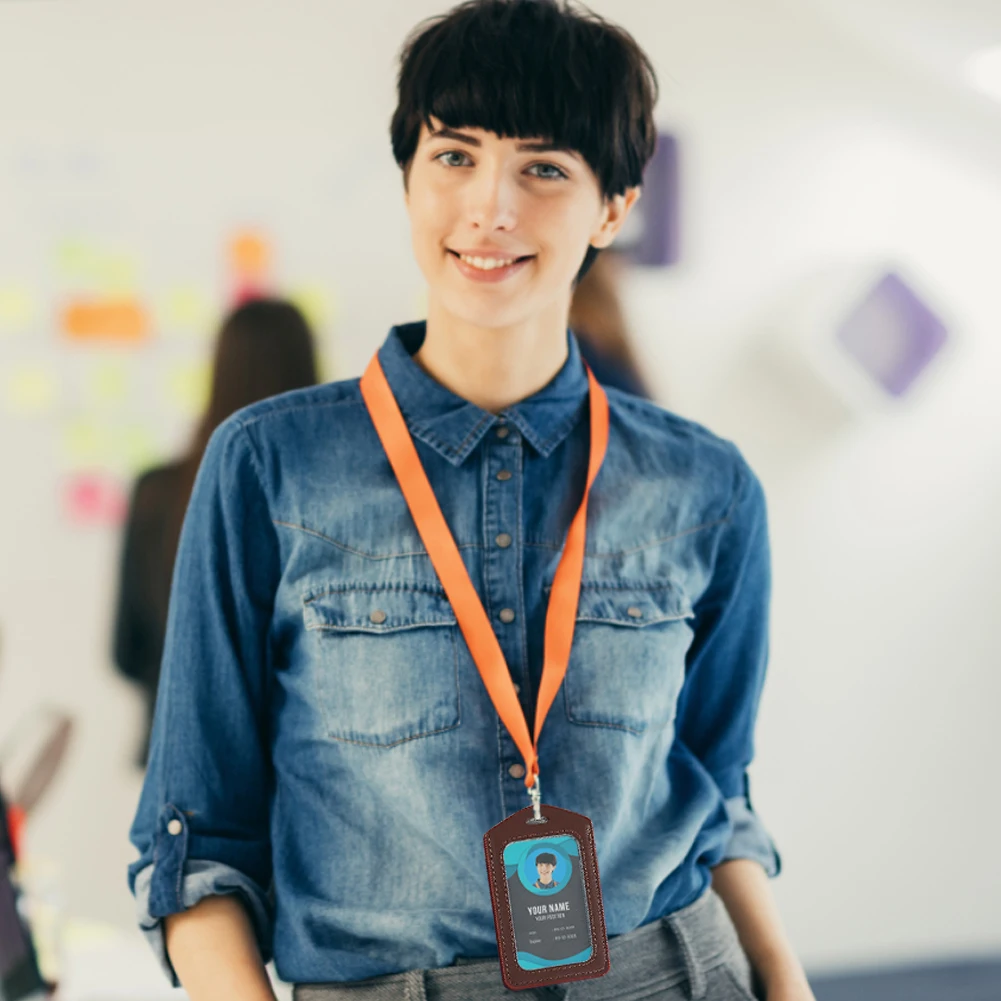 4pcs Genuine Leather ID Badge Holders Double Transparent Students No Lanyard Staff Practical For Office Wallet Waterproof