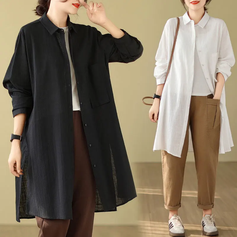 

SuperAen 2024 Spring New Oversize Elegant Cotton and Linen Solid Color Long Sleeved Standing Neck Shirt