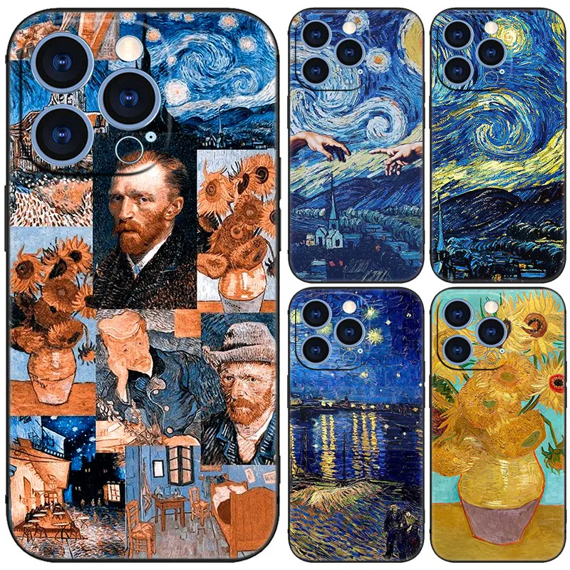 Van Gogh Olieverfschilderij Zwarte Telefoon Case Voor Xiaomi Redmi Note 13 Pro 12 11E Pro Plus 11S 11T 10 Pro 10T 5G 10S Cartoon Cover