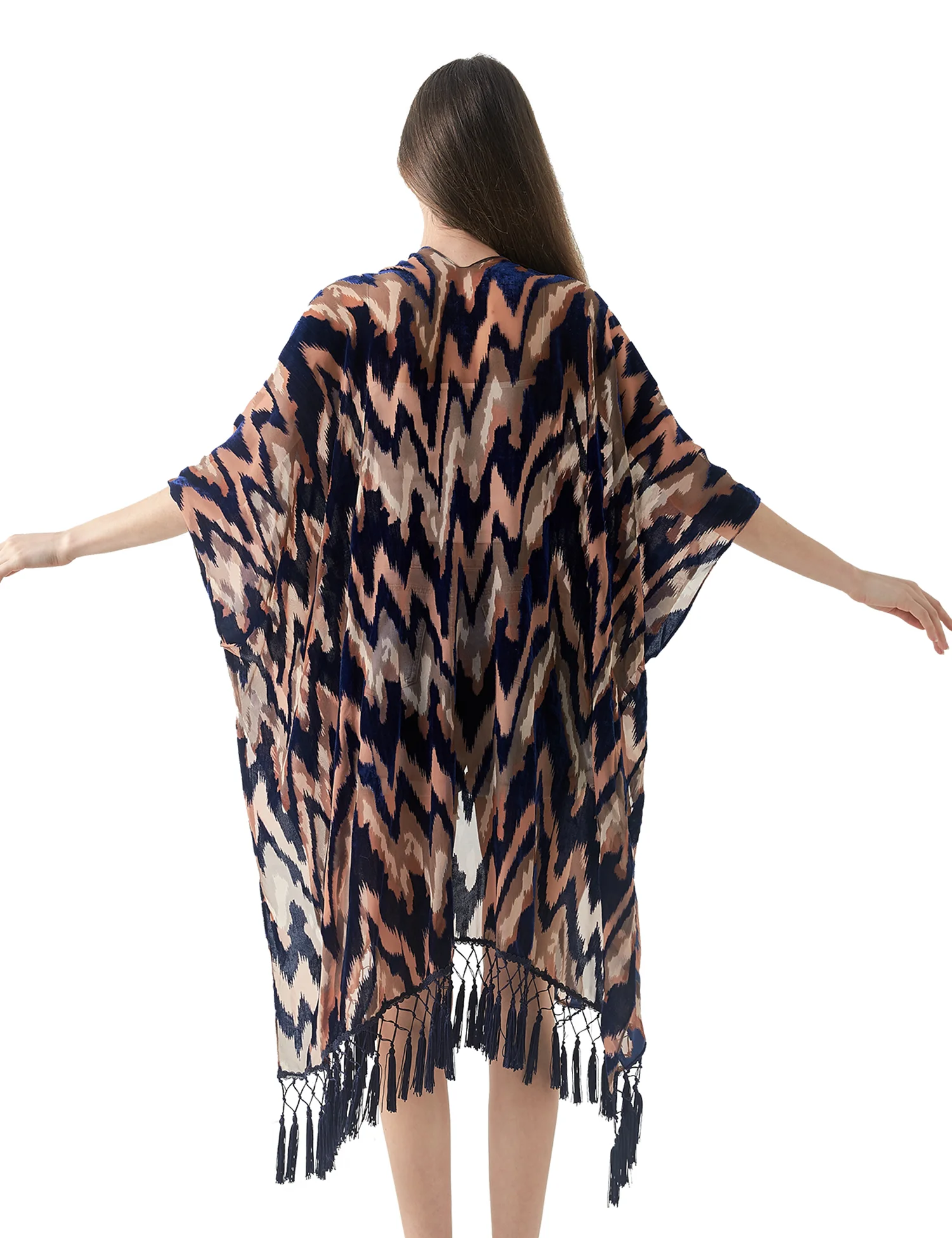 WeHello-Velvet Kimono for Women,Bohemian Burnout Long Tassel, Beach Cover-up, Casual Cardigan, Kimono, Shawl, Holiday Style