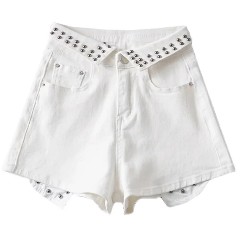 

Весенние эластичные джинсовые орты с заклепками и заклепками с высокой талией, женский наряд с завышенной талией, прямые джинсы светлого цвета