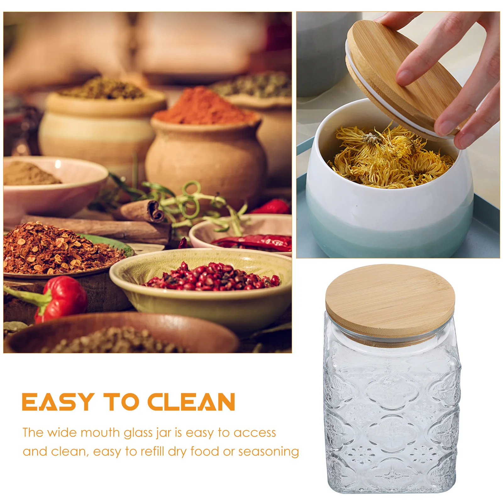 

Retro Begonia Flower Glass Jar Bamboo Lid Spice Coffee Bean Tea Salt Sugar Pepper Storage Square Containers Kitchen