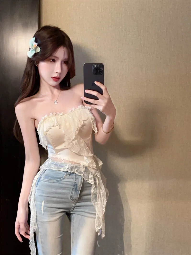 Summer New French Pure Desire Sexy Wood Ear Edge Lace Ribbon Bra Top Tank Top for Women