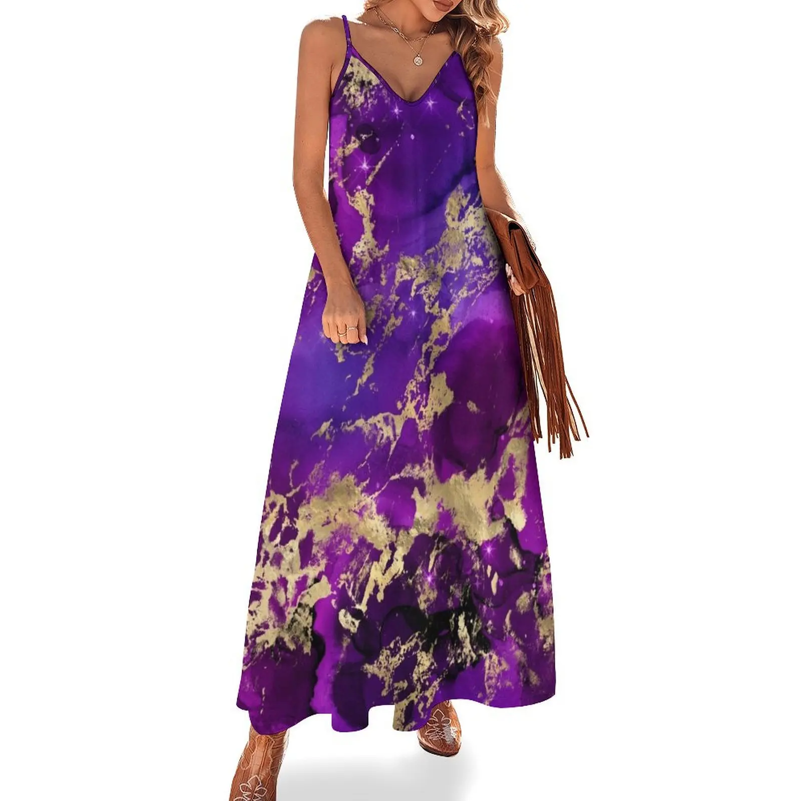 

Marble Galaxy in Royal Purple and Gold Splash Sleeveless Dress dress dresses dresses for women 2024