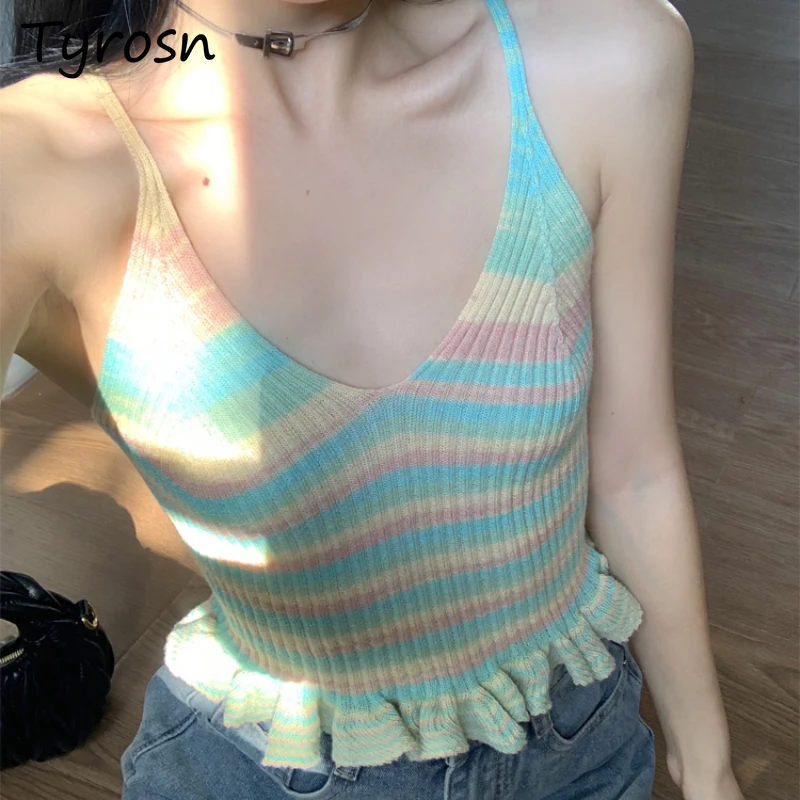 Camisole for Women Slim Spicy Girls Popular Summer Gradient Ruffles Korean Style Shopper Colorful Harajuku Schoolgirls Soft Y2k