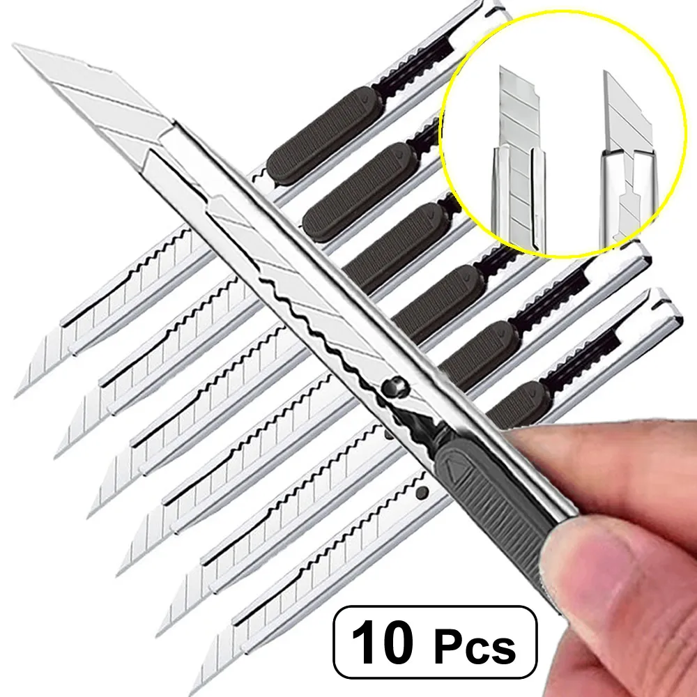 

1/5/10Pcs Utility Knife Stainless Steel Paper Cut Box Cutter Tools Kit Non-Slip Blades Unboxing Knife Handicraft Carving Tools