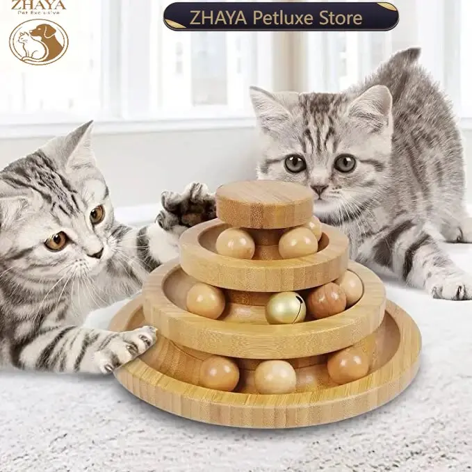 ZHAYA Wooden Cat Turntable Track Toy with Rolling Balls Interactive Self Play Toy for Kitten Boredom Relief Indoor Use