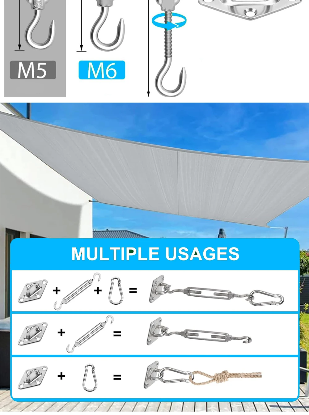 Edelstahl-Sonnensegel-Montage-Set, Hochleistungs-Campingzelt-Hardware-Kit für die Befestigung von Sonnenschutz im Haus- und Gartenbereich. – Detail 4