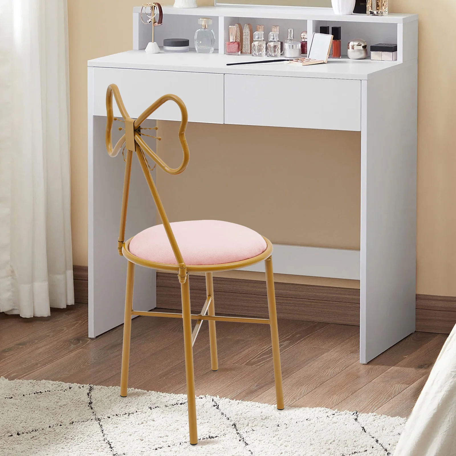 Light Pink Makeup Vanity Chair Side Table Seat Dressing Chair w/ Bow Knot Backrest Lounge Dresser Seat Butterfly Backrest Chair