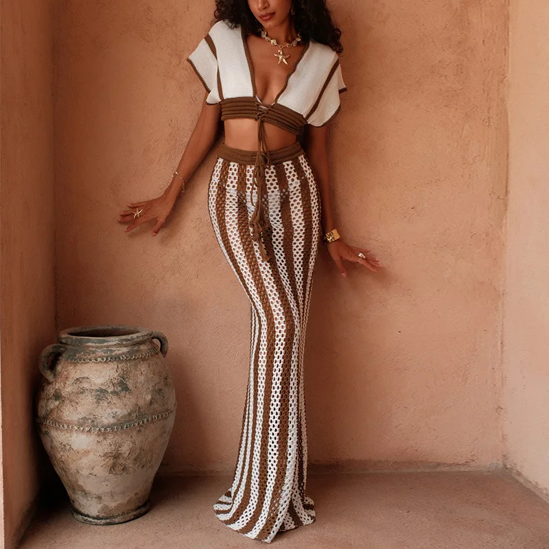 2025 Striped Short Sleeve Crochet Knit 2 Pieces Suits Beach Cover Up Cover-ups Beach Shorts Beach Wear Beachwear Female Women