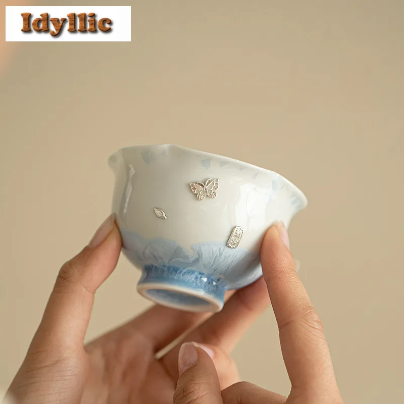 

95 мл Ru Kiln Crystal Glaze Nail Flower Mouth Fleet Синяя чашка Древняя чайная чаша Глечик для дегустации чая Персональная чашка Jianzhan Master Cup