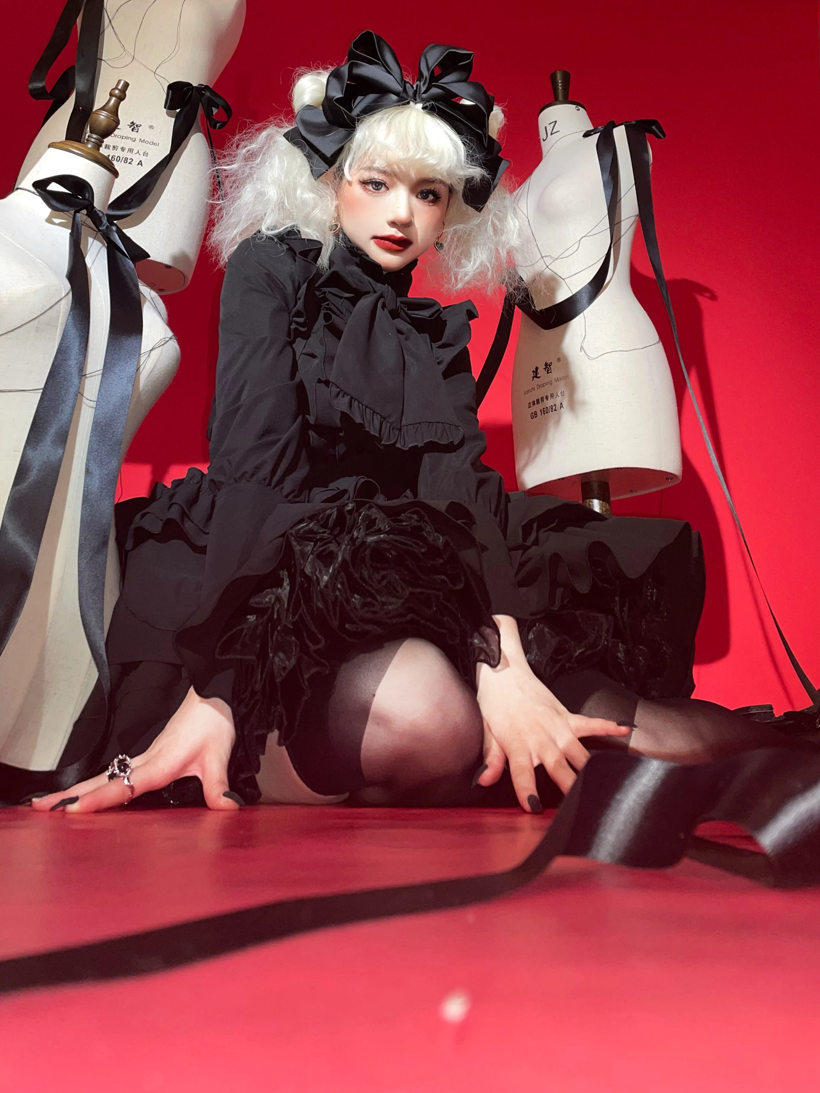 Subculture Gothic Y2k Red Strap Skirt Shirt Set Hot Girl Slim-Fit Elegant Cos Cake Skirts Women's Lolita Long Sleeve Elegant Top