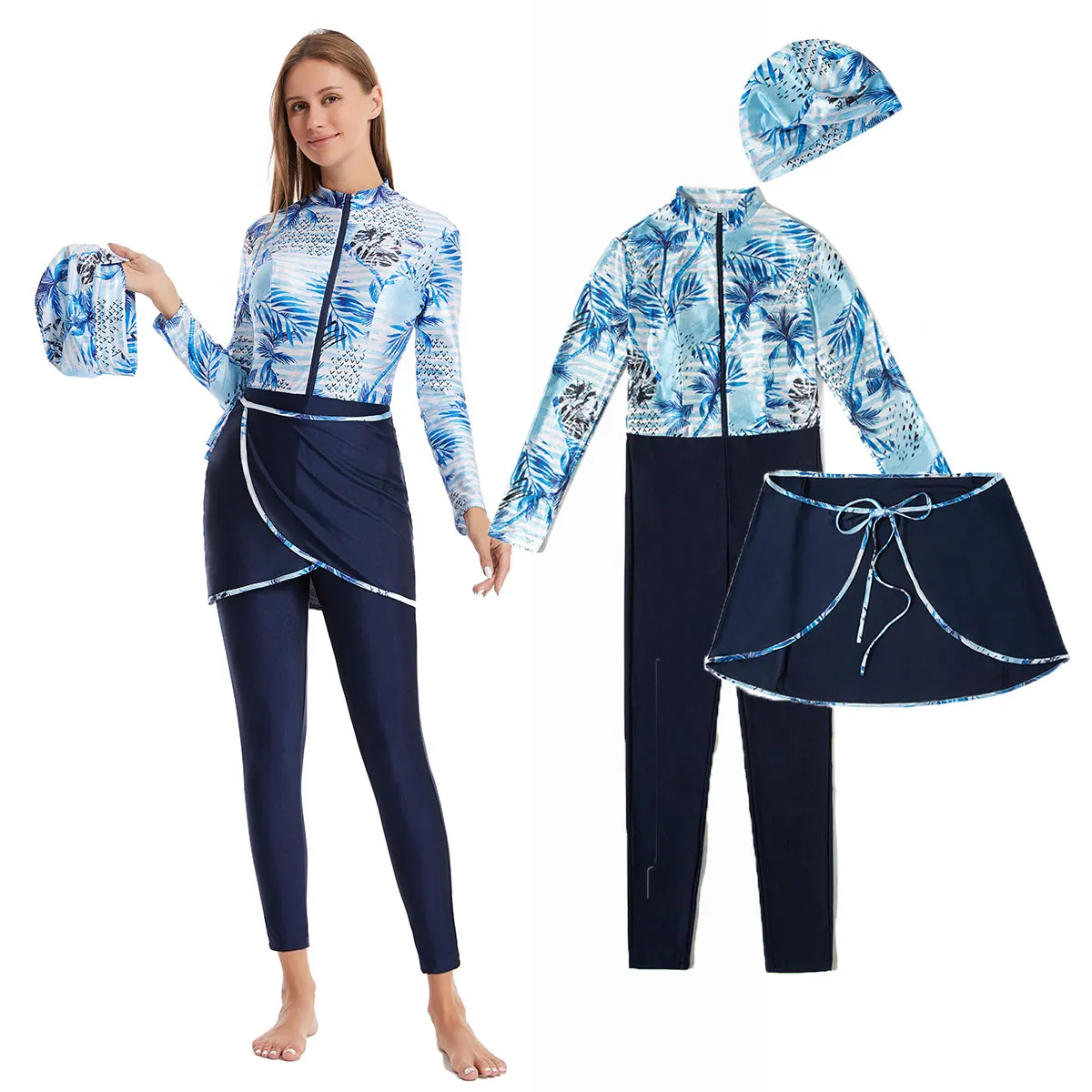 S-3XL Modest Islamic Muslim Swimsuit Burkini Women Ladies Full Cover Leaves Patchwork Swimming Tights With Skirt Hijab Quick Dry