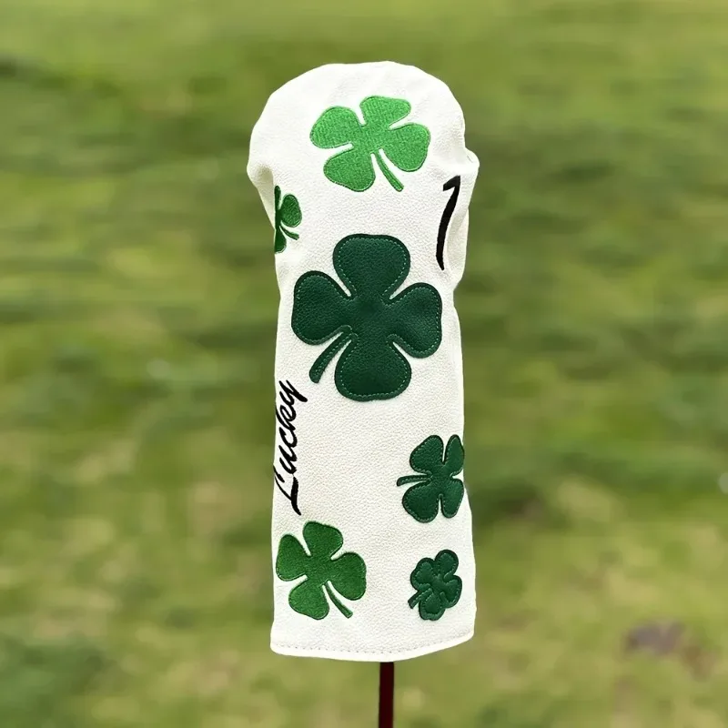 ปลอกคลุมหัวไม้กอล์ฟลายโคลเวอร์สุดหรู - สีขาวทนทานพร้อมลายโคลเวอร์สี่แฉกสีเขียว ป้องกันรอยขีดข่วน