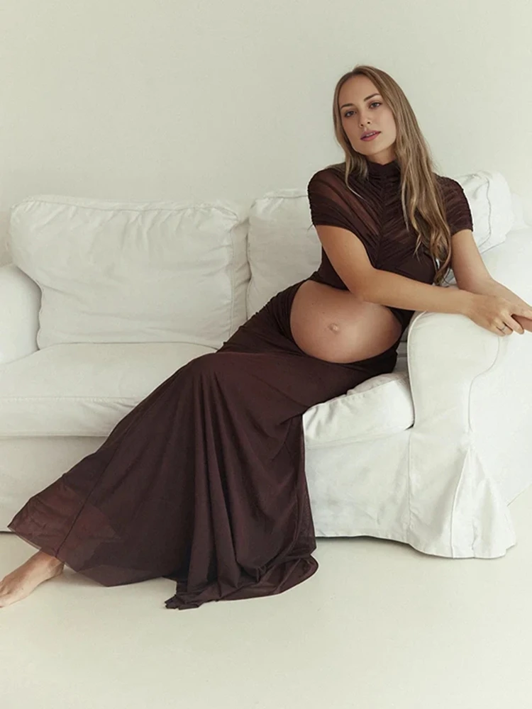 Pregnancy Photo Shoot Two Piece Mesh Cutout Maxi Gown Elegant Stylish Maternity Dress Maternity Photography Outfit Prop for Moms view 2