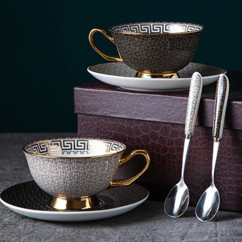 Bone Coffee Mug Set Ceramic Classic Grid Mug Coffeware Sets with Gifts Box Packing Wedding Gifts Chinese Tea Cup Drinkware
