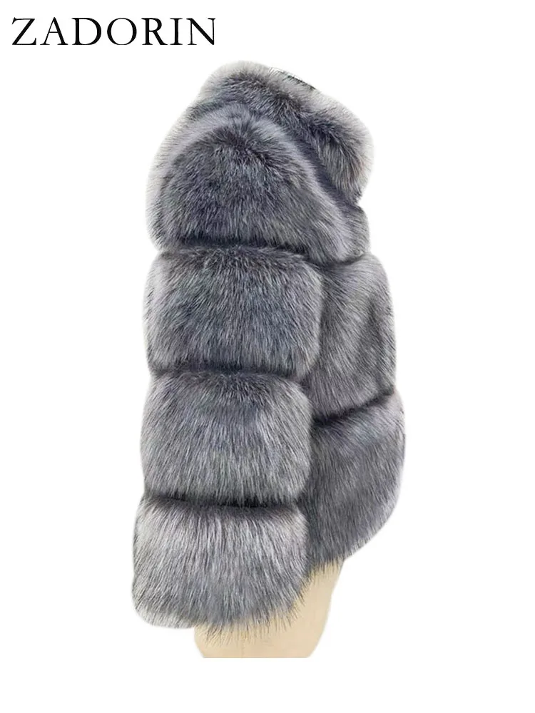 ZADORIN Luxury Winter Jacket Women Stand Collar Three-quarter Sleeve Fluffy Warm Faux Raccoon Fur Coat Cropped Jacket Tops Coats