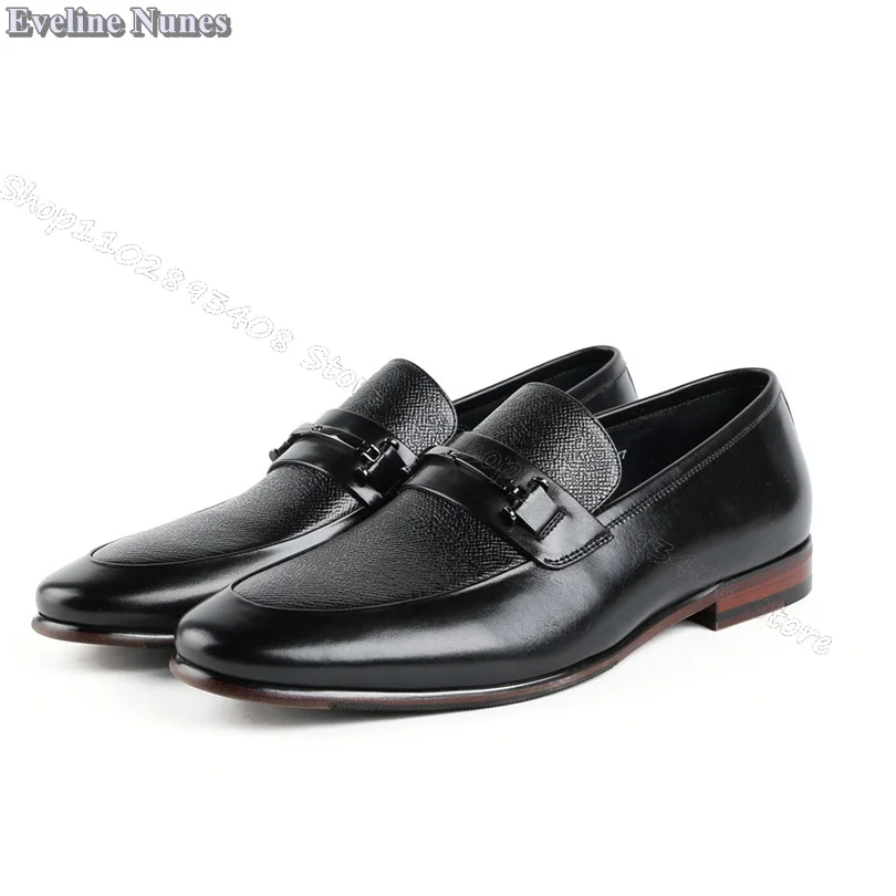 

Black Metal Decor Loafers Round Toe Splicing Leather Slip on Men Shoes Spring Business Banquet Shoes Size 38-44 Zapatillas Mujer