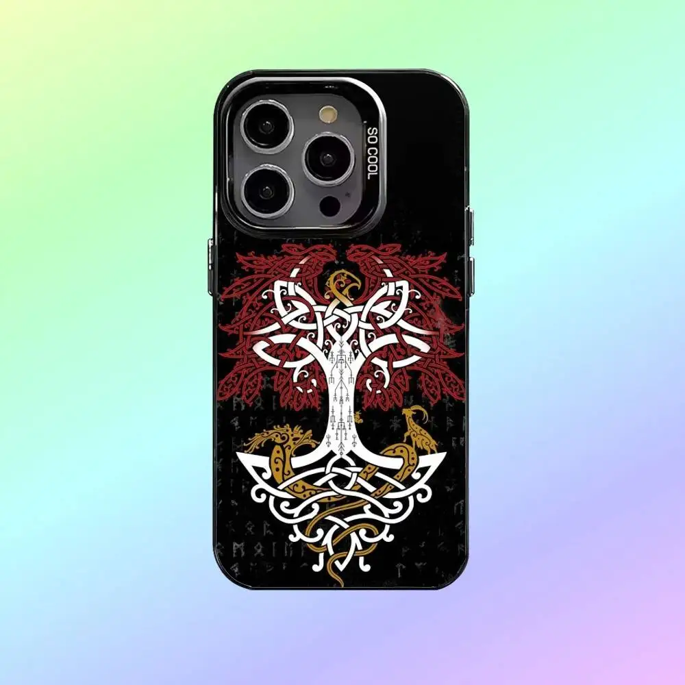 Tree of life Y-Yggdrasil Phone Case For iPhone17,16,15,14,13,12,11 Colored Silver Plated Inside Cover